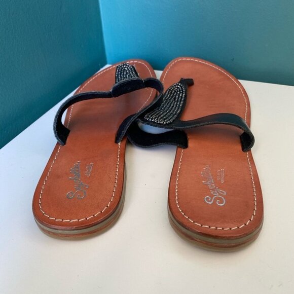 SEYCHELLES Thong Sandals Flip Flops Womens Size 9 Black Tan Gems - Picture 6 of 7